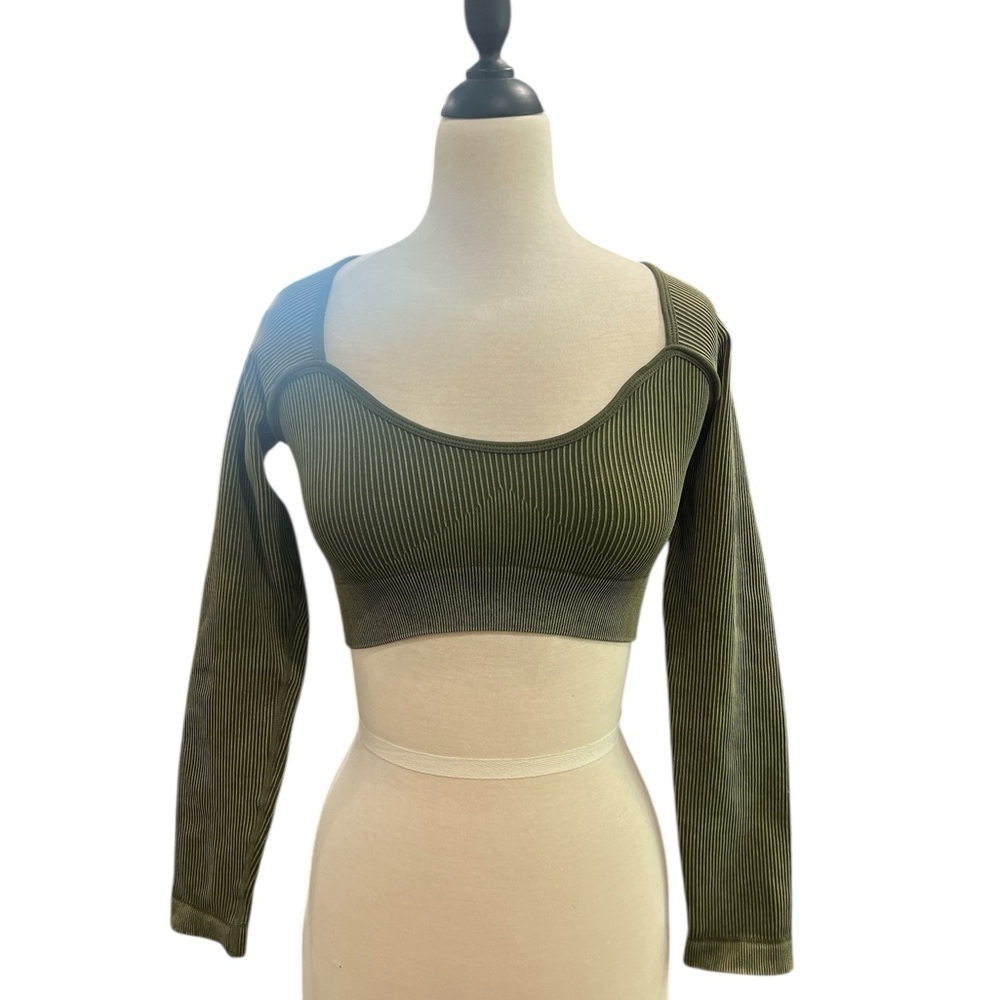 Olive Green Ribbed Women's Top - Picture 2 of 5